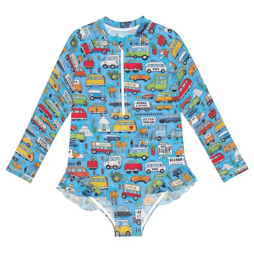 Car Toy Cute Girls Long Sleeve Rashguard Swimsuit UV Protection One-Piece Swimwear Bathing Suit B0402711