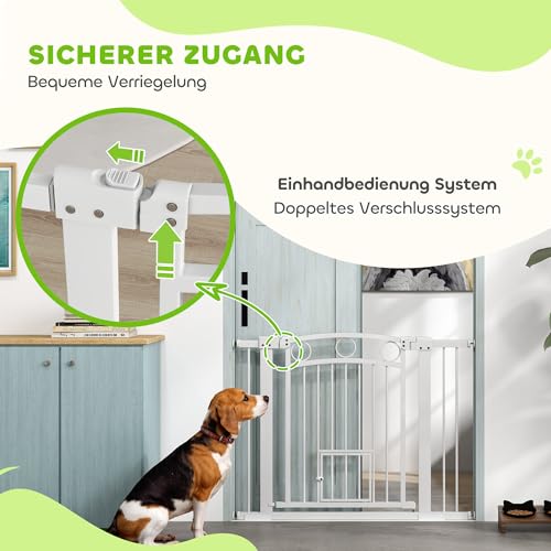 PawHut Türschutzgitter Hund, 76-104 cm Absperrgitter ohne Bohren, Treppengitter aus Stahl, Treppenschutzgitter mit Katzentür, Schutzgitter, Sicherheitsgitter für Treppen, Tür, Flur, Weiß