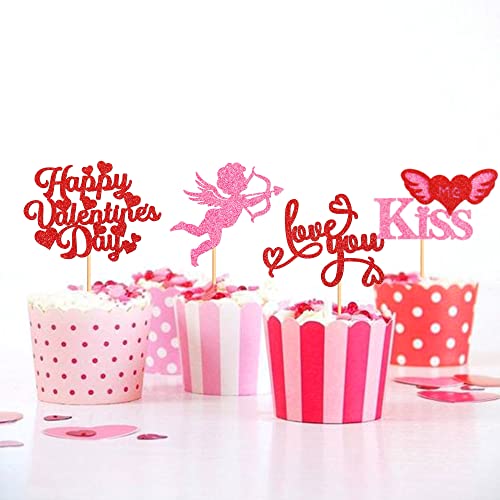Cyodoos 24Pcs Happy Valentine's Day Cupcake Toppers With Kiss Me Love You Cupid Valentine's Day Cupcake Food Picks Valentine's Day Theme Birthday Party Cake Decorations Supplies #TOP5