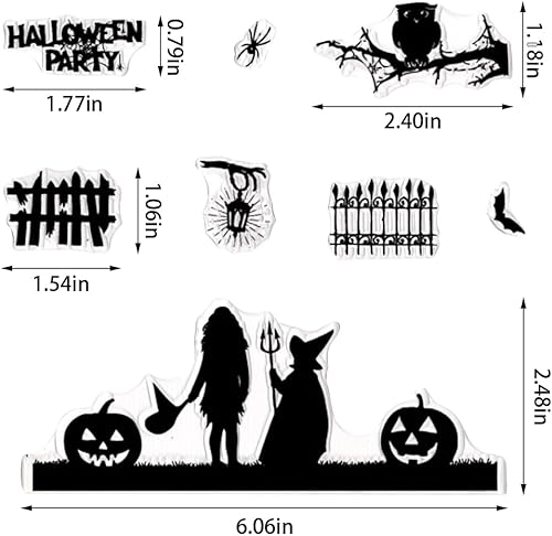 Miniatura 2 de Threetols Marco de Halloween sellos transparentes para hacer tarjetas, palabras de bruja fantasma, sello de goma transparente, para árbol, calabaza,
