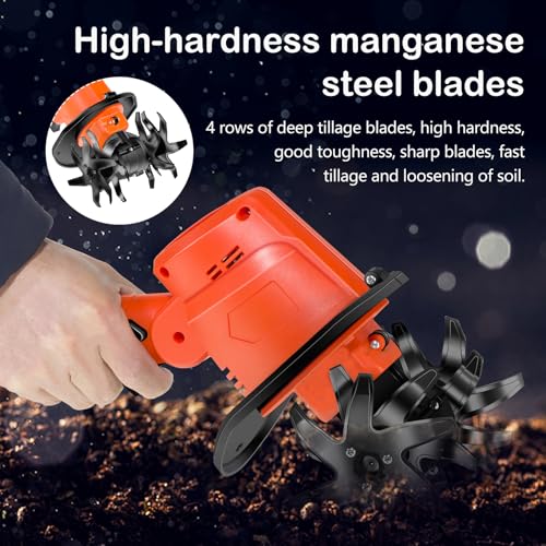 Akku Bodenhacke, 21V Gartenfräse Elektrisch mit 2 Akkus 3000mAh Gartenhacke Garten Geräte mit 4 Metallmesser 10cm Arbeitsbreite 10cm Arbeitstiefe 235 U/min Drehzahl