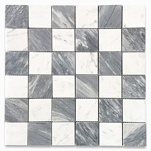 Stone Center Online Carrara White & Bardiglio Gray Marble 2x2 Checkerboard Mosaic Tile Polished Kitchen Bath Wall Floor Backsplash Shower (1 Sheet)