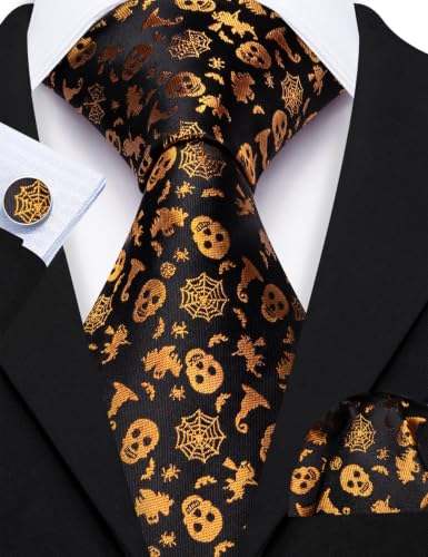 Image of Barry.Wang Men Tie Sets Skull Extra Long Necktie Pocket Square Cufflinks