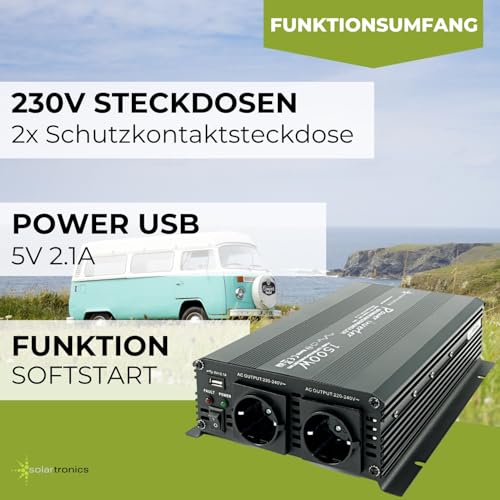SOLARTRONICS Spannungswandler NM1500 12V 1500 Watt SCHWARZ - 3000 Watt Spitzenleistung - Wechselrichter 12v auf 230v - Blei- oder AGM-Batterie kompatibel - mit Schuko- & USB Anschluss