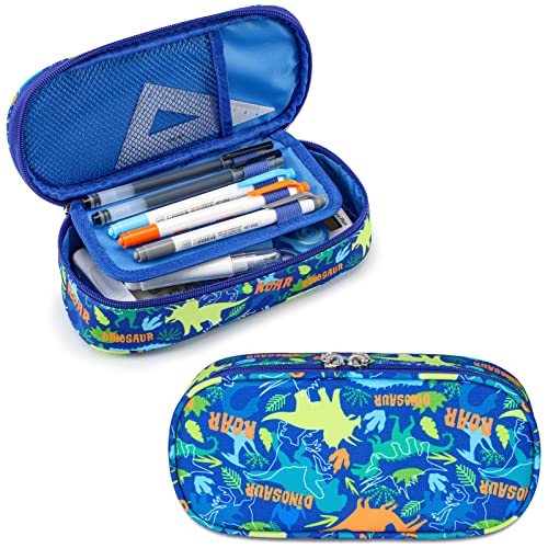 Bagseri Pencil Pen Case for Boys - Cute Pencil Case for Kids Large Capacity Pencil Pouch Organizer Multi-Slot Pencil Box for School, Pen Case Only (Blue Dinosaur)