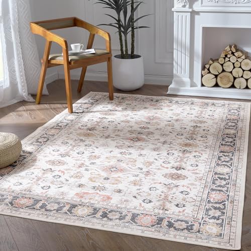 TOPICK Runner Rug 60x210cm Indoor Mat Hallway Entryway Rug Machine Washable Grey Multi Print Vintage Floral Carpet Thin Foldable Lightweight Non Slip Rug Kitchen Living Room Bedroom Office
