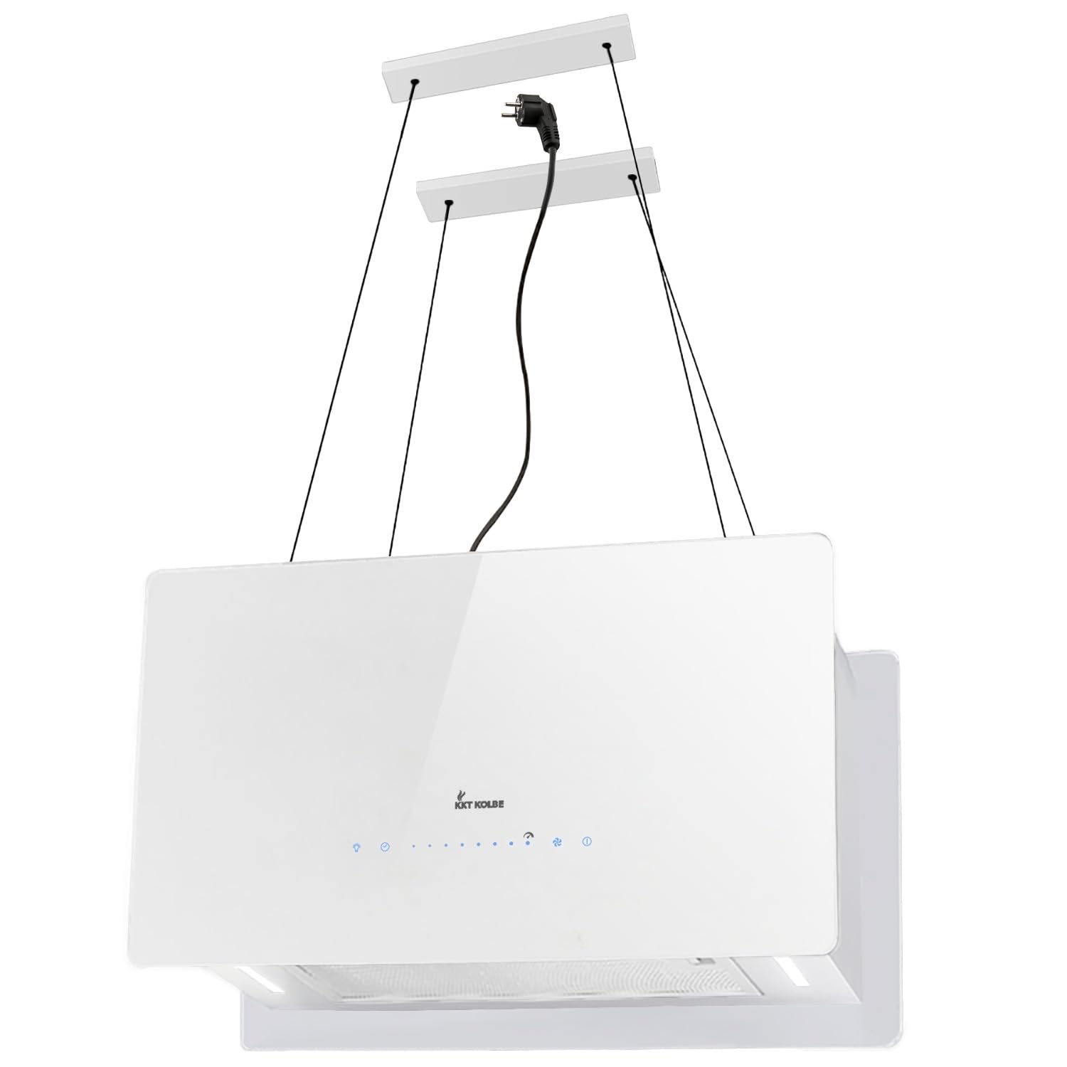 KKT KOLBE A+++ CUBE60FW - Cappa aspirante 60 cm, 764 cbm/h, 9 livelli | Smart WiFi App WiFi | Cappa a isola sospesa | Montaggio a soffitto | Bianco | Vetro | Illuminazione a LED | Ricarica automatica