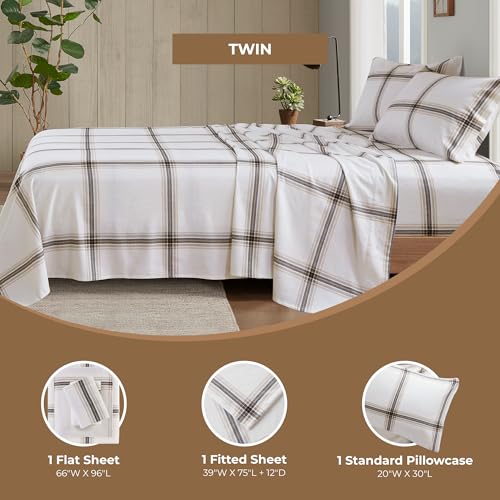 Image of Woolrich Cotton Sheet Set Cottage Charms Print, 100% Cotton Flannel Sheets Warm & Fuzzy Bedding Set Twin Size Sheets, Fitted Pocket Fits Up to 12 inch Mattress, Twin Tan Plaid 3 Piece