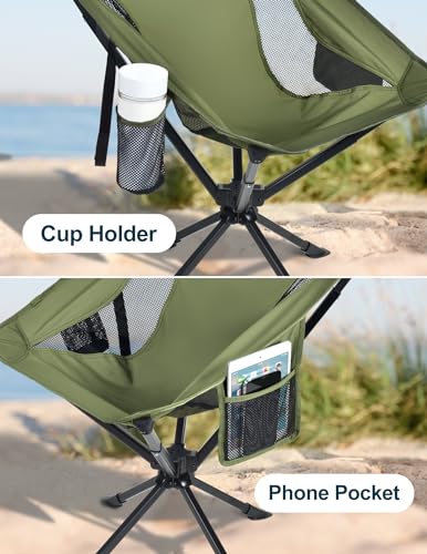 Docusvect Swivel Portable Camping Chair for Adults, Fast Setup, Lightweight & Small Folding Chair with Cup Holder, Side Pocket and Carry Bag - Support 330 LBS — view 6