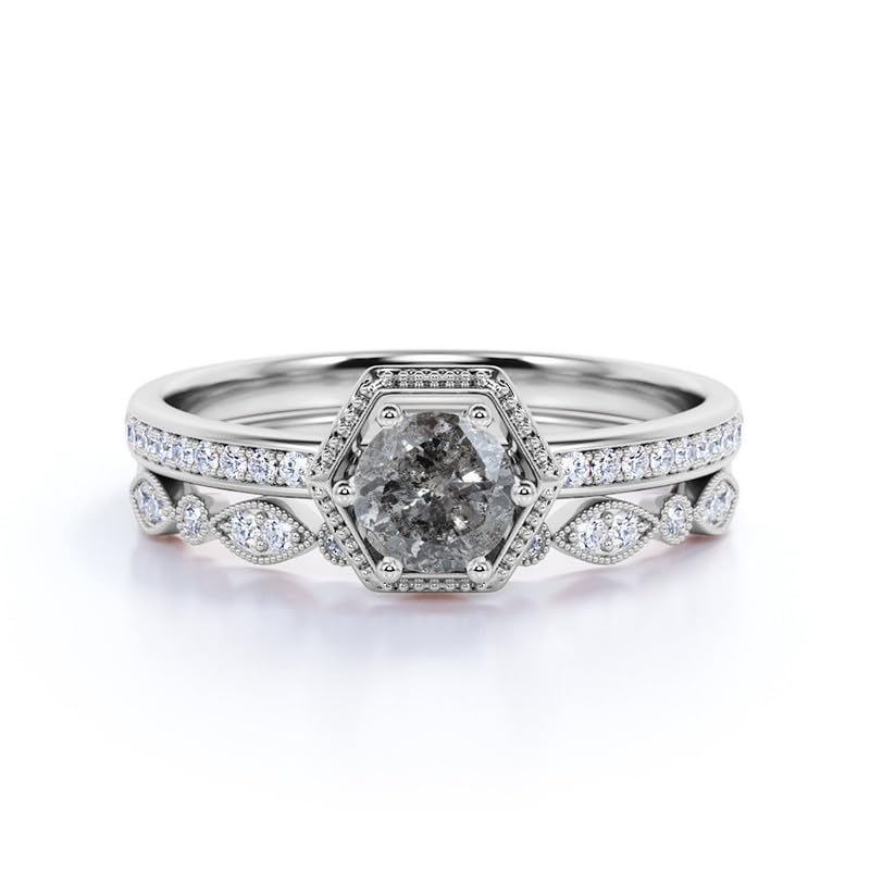 Aihpos Natural Herkimer Diamond Bridal Rings Set for Women - 1.0 Carat Round Cut Salt and Pepper Diamond Ring Set Grey Diamond Engagement Ring Set 10K 14K 18K Gold Promise Ring Set, Size 3-13