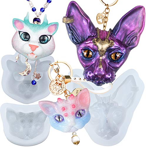 musykrafties Juego de moldes de silicona de resina epoxi, llavero, colgante, broche, suministros de fundición de joyas, gato esfinge, gato de 3 ojos, cuernos, cabeza de gatito, Resina, silicona,