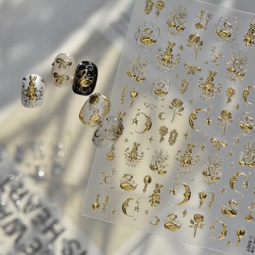 Image of Vintage Nail Stickers Moon Rose Bow Self Adhesive Nail Art Decal Decoration | Metallic Golden Retro Design Rabbit & Swan Nail Stickers 5D Embossed Decals for Women Luxury Style Nail Art Charms Supply