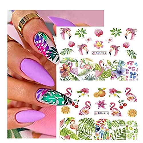 12 Sheets Flamingo Nail Stickers Summer Water Transfer Nail Decals Holographic Art Sticker Decal Pink Flamingo Green Leaf Nail Art Design For Women Girls Supplies Manicure Decoration Nail Art Decal #TOP3