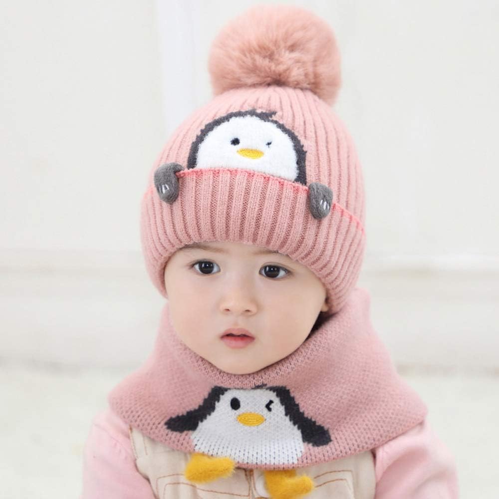 Toddler Winter Knit Beanie Hat Scraf Set, Cute Cartoon Penguin Soft Warm Infant Hat with Pompom for Baby Boys Girls 1-3 Years - Image 7