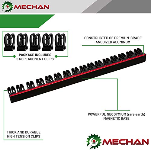 Mechan Magnetic Screwdriver Organizer Tool Holder Tray Rack, With Ultra Strong Neodymium Magnet Strip + Replacement Clips – Holds Screwdrivers, Drill Bits, Nail Sets,(Red Rail/Black Clips)
