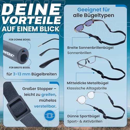 STANDWERK® Brillenband Textil (schwarz) Einzigartiges Tragegefühl im Alltag I Anti-Rutsch Brillenhalter für Damen, Herren & Kinder, Brillenschnur, Brillen Band, Brillen Halterung