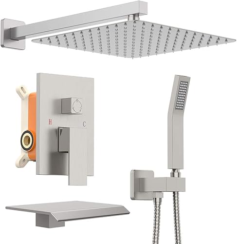 Miniatura 25 de Sistema de ducha termostático de 10 pulgadas, cabezal de ducha de lluvia de 10 pulgadas, rociador de mano de 3 ajustes, juego completo de baño