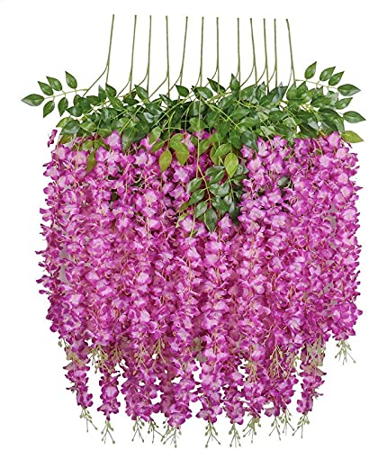 Image of Artificial Hanging Wisteria Flower Vine, Dark Purple - Pack of 6