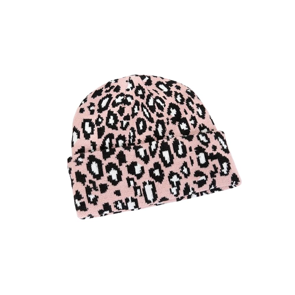 Czapka beanie dla kobiet, zimowa, z nadrukiem w panterkę, czapka czaszką, miękka i ciepła, dzianinowa, mankietem, do skarpet narciarskich