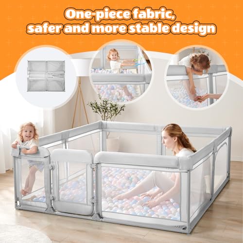 Image of Baby Playpen,Extra Large Playpen for Babies and Toddlers, Sturdy Play Pen Play Yard with Safety Gate,79 inchx59 inchBaby Play Pen(Light Grey)