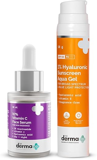 The Derma Co Glow & Protect Combo – 10% Vitamin C Face Serum (30 ml) + 1% Hyaluronic Sunscreen Aqua Gel (50 g)