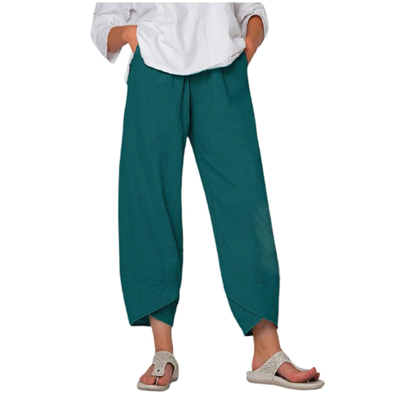 ZOCAVIA Womens Cotton Linen Capri Pants Casual Cropped Baggy Trousers Comfy Loose Palazzo Lounge Pants with Pockets