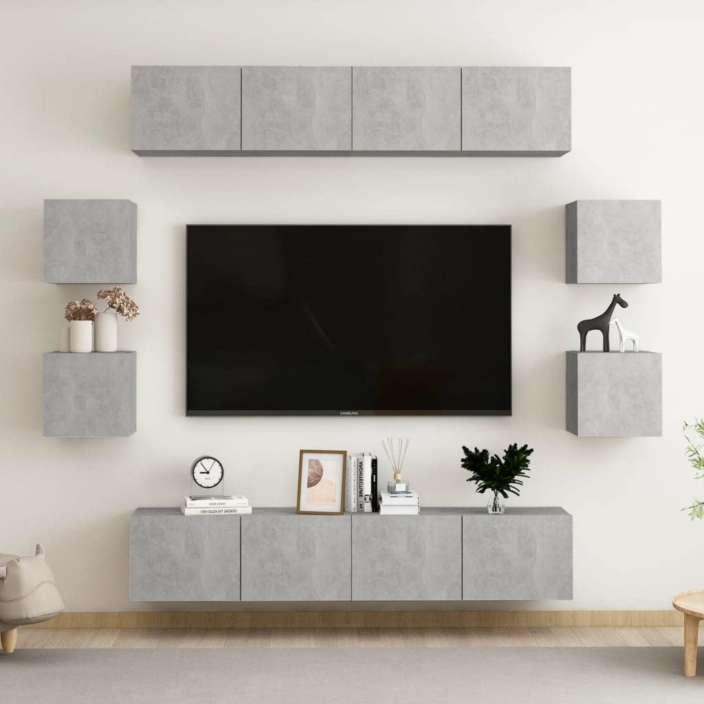8-TLG. TV-Schrank-Set Betongrau Holzwerkstoff, Wandmontage, Modernes Media-Center für Wohnzimmer und Schlafzimmer, inklusive Stauraum für DVDs und Bücher
