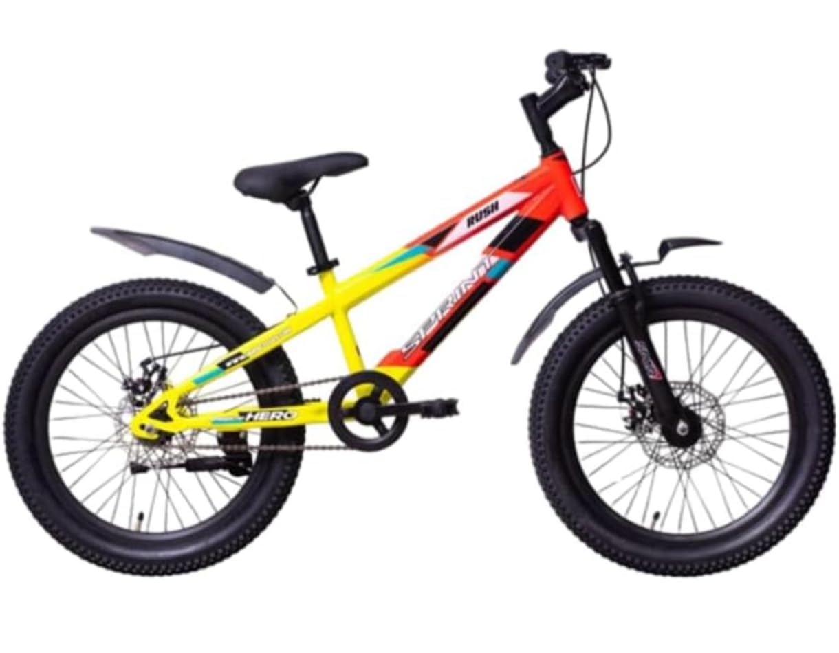 Hero Rush 20T Bicycle with Front Suspension | Dual Disc Brakes | Double Wall Alloy Rim | Nylon Tire, for 7-9 Years (Grey & Yellow)-image-1