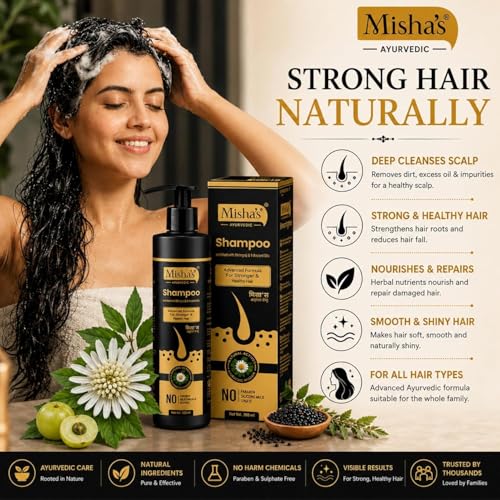 Image of MISHA'S AYURVEDIC Bhringraj Shampoo for Hair Fall Control & Hair Growth with Amla, Shikakai, Neem & Hibiscus for Dry and Damaged Hair | Sulphate Free for Men & Women 180ml (Pack of 2)