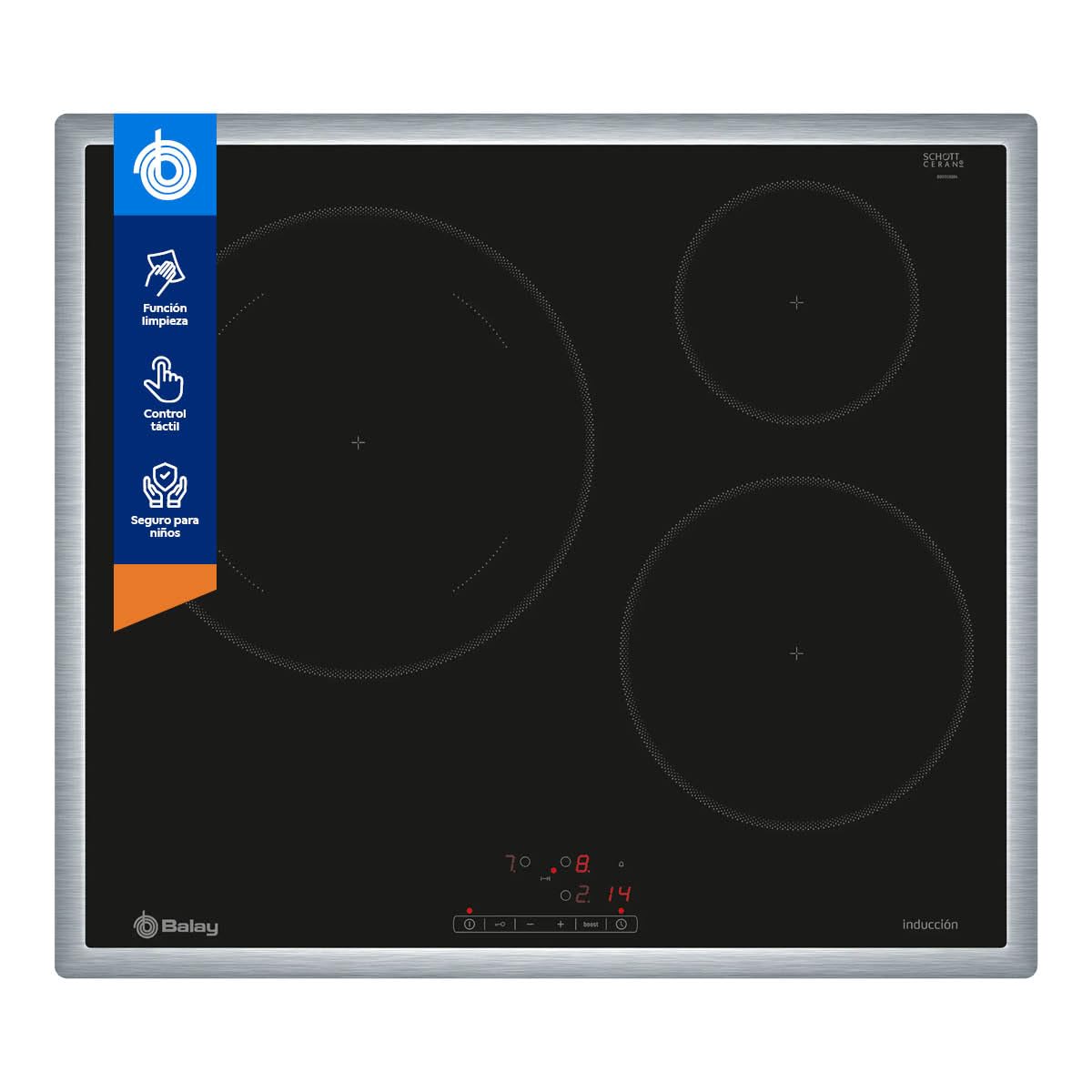Balay - Placa de Inducción, 3 Fuegos, 60 cm, Función Sprint, Control táctil y Programable, Marco de Acero Inoxidable, Negro, 3EB865XR