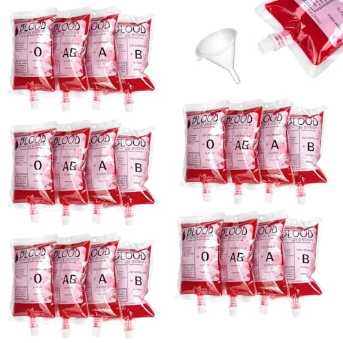Ohuimrt 20 Pack Blood Bags for Drinks, 8.5oz Anti-Leak Drink Bags with Caps Food Grade Drinking Pouches for Halloween Decoration, Nurse Party Favors, Vampire Zombie Theme Props
