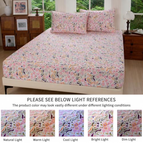 Image of FADFAY Cal King Pink Paisley 100% Egyptian Cotton Sheets Set 4 Piece, Vintage Botanical Cottagecore Bedding, Luxury Breathable Boho Floral Farmhouse Bedding with Deep Pocket Fitted Sheet All Seasons