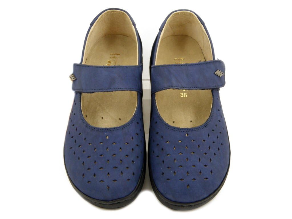 Scarpe Donna Ballerine con Strap in Pelle Blu, Linea Ortopedica, Pianta Larga e Plantare Estraibile, 9152