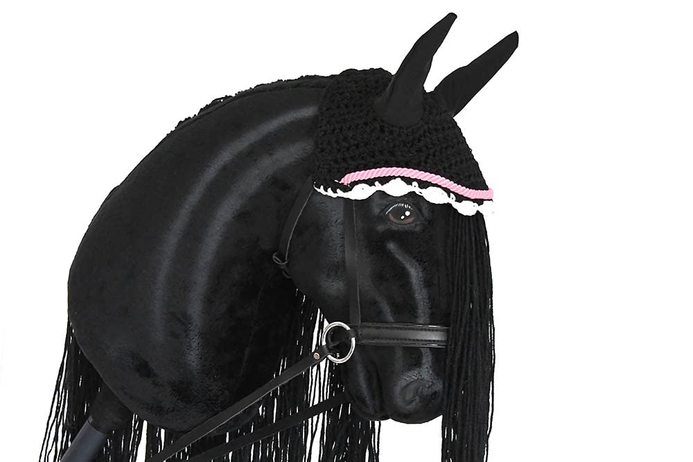 Insektenschutzmütze, Schwarz, mit Halfter, Schwarz, mit Führstrick für Hobby und Hobby Horsing, HHLLB02, Rosa