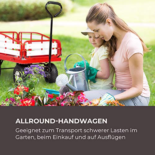 Waldbeck Ventura Handwagen Bollerwagen Einkaufswagen, extra breite Reifen: 9 cm, klappbare Seitenteile aus Wood-Plastic-Composite, Ladefläche: 50 x 100 cm / 0,5 m², Rahmenhöhe: 32 cm, rot – Bild 3