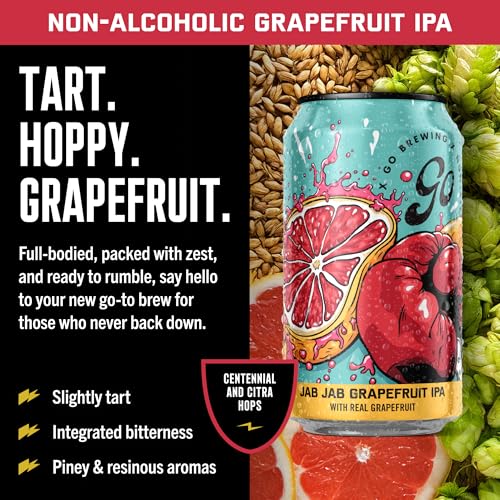 Image of Go Brewing Jab Jab Grapefruit IPA, NA Beer, 12 Pack (12 oz) | Small-Batch Craft Brew, Low-Calorie, Classic Ingredients, Bold Smooth Finish, Any Occasion