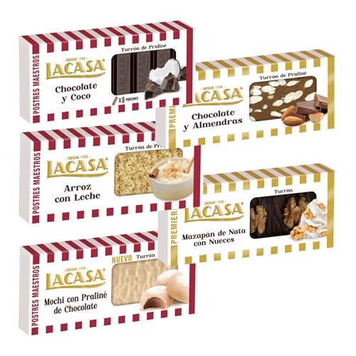 Pack Surtido 5 Turrones Lacasa:Mazapán de Nata con Nueces, Cacao y Almendras, Arroz con Leche, Chocolate y Coco, Mochi con Praliné de Chocolate
