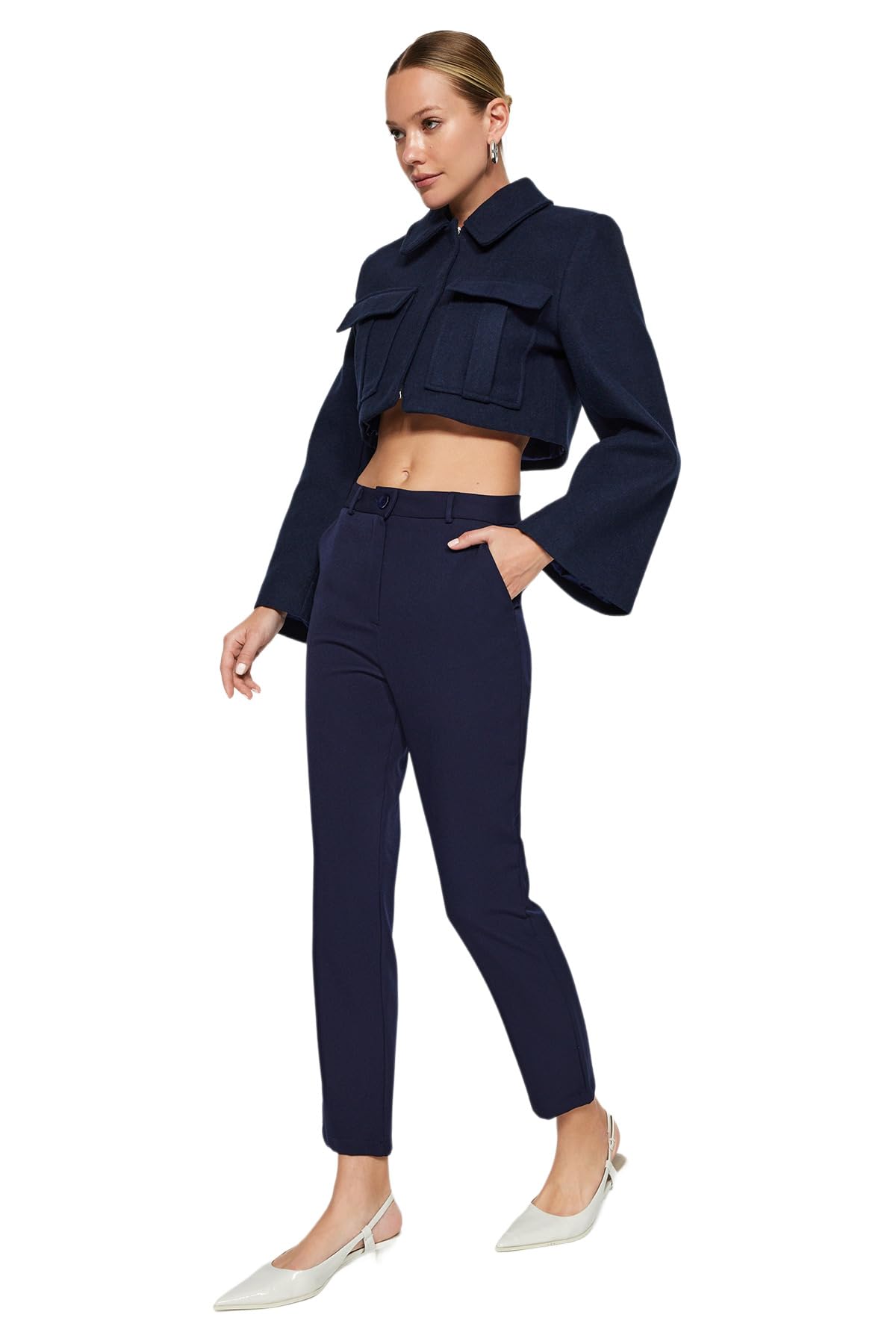 Trendyol Damen Navy Blue Crist Boy Cigarette Trousers Pants, Navy, 32 Eu