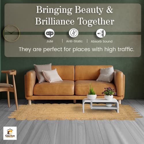 Gruhum Scalloped Jute Area Rugs 3'X5' Ft Natural Fibre Handwoven Boho Reversible Farmhouse Soft Braided Rug Indoor Outdoor Livingroom Bedroom Kitchen Hallways Enterways Rectangular Rug #TOP4