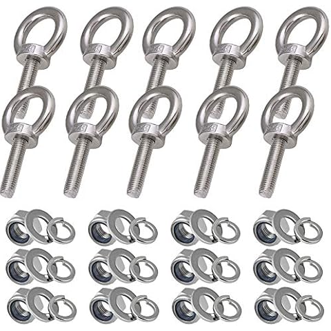 Abimars 304 Stainless Steel Machinery Shoulder Lifting Eye Bolt, 10 PCS M6 Extended Thread Lifting Eyebolts with Lock Nuts, Lock Washers, Flat Washers Cover