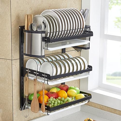 Dish Drying Rack,Wall-Mounted Dish Drying Rack and Drainboard Set, 3 Tier Large Stainless Steel Sink Organizer s with Cups Holder, Utensil Holder, Dish Strainer Shelf for Kitchen Counter