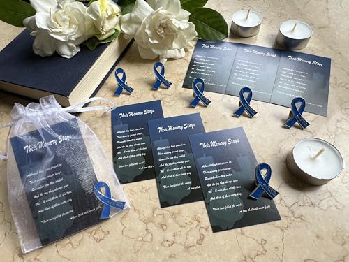 Image of 60 Set Funeral Ribbon Pins Memorial Pin Forever in Our Hearts Lapel Pin Remembrance Brooch with Prayer Cards & Organza Bags