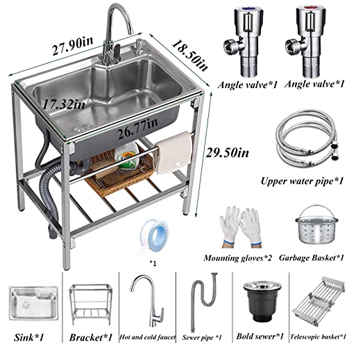 Stainless Steel Utility Sink Free Standing Single Bowl Commercial Restaurant Kitchen Sink W/ Storage Shelve Laundry Tub For Indoor Outdoor Garage Backyard 27.9X18.5In 1 #TOP5