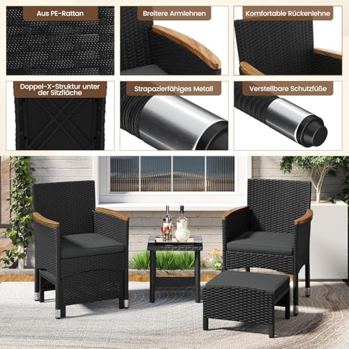 Yaheetech 5er Set Rattan Gartenmöbel Balkonmöbel Terassenmöbel Außen Kleiner Balkon mit 2 Einzelsofas & 2 Fußhocker & 1 Kaffeetisch, Schwarz & Grau