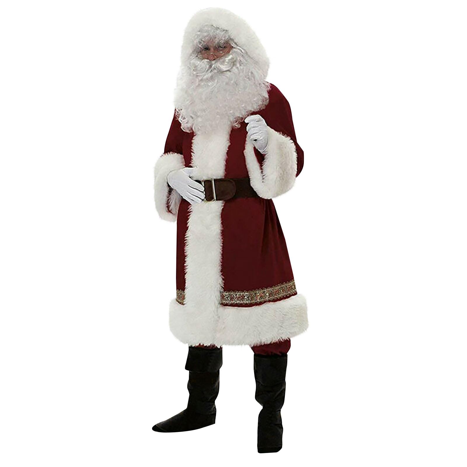 Générique Deguisement Grande Taille Homme pour Noël,7 Pièces,avec Barbe Pere Noel, Chaussures,Vêtements,Pantalons,Costume de Père Noel Complet de Luxe