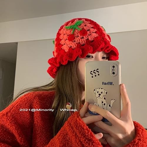 Cherry Bucket Hat Cute Crochet Fisherman Hats For Women Preppy Hat Handmade Summer Sun Hat Fot Girls Beach Holiday (Green) #TOP1