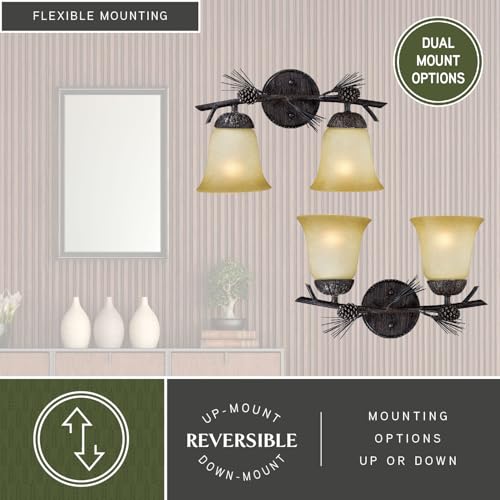 Image of VAXCEL Sierra 2-Light 15 inch Wide Black Walnut Rustic Bathroom Vanity Lighting Fixture, Creme Cognac Glass Shade, Dimmable, LED Compatible, Pine Cone Motif, Reversible Wall Mounted Steel Sconce