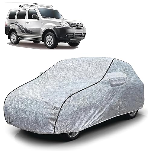 Image of Sulfar 100% Waterproof Car Body Cover Compatible with Mirror for Tata Movus (Triple Stitched, Full Bottom Elastic, Magic Silver with Black Piping)