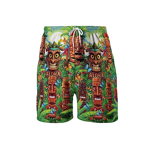 Hula Tiki Mens Hawaiian Sport Shorts - Tropical Tiki Hawaiian Shorts for Men - Casual Drawstring Beachwear Shorts Series 16