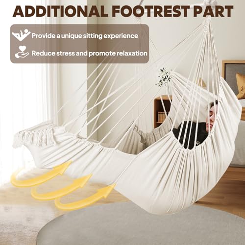 Image of Chihee Hammock Chair Hanging Chair with Foot Rest 2 Cushions Max 500lbs Robust Metal Spreader Bar Collapsible Easy Storage Soft Cotton Swing Chair Strong Strap Iron Carabiner Side Pocket Included
